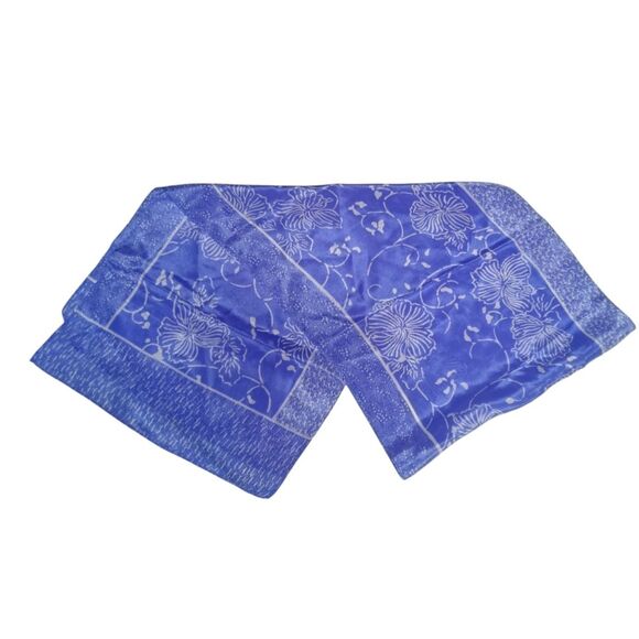 Vintage Silk Blue Floral Scarf 11"X52" Long Rectangle - Picture 3 of 5